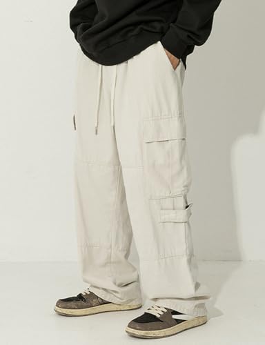 Men's Cotton Cargo Pants Mulit Pockets Drawstring Waisted Loose Straight Trousers4