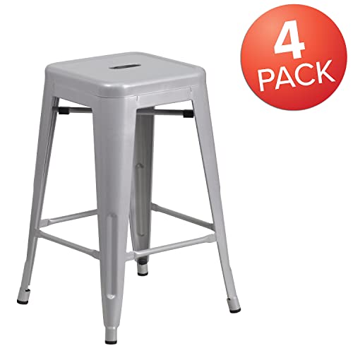 Taburete comercial Flash Furniture Lily, 4 unidades, altura de barra (24 pulgadas), sin respaldo, metal plateado, para interior y exterior, asiento cuadrado miniatura 4