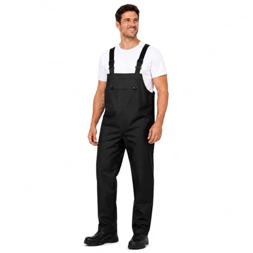 VUVEA Mens PU Waterproof Bib Overalls Heavy Duty Rain Pants Farming and Commercial Fishing Foul Weather Gear for Outdoor Work Black