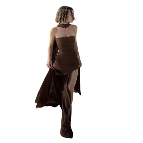 Women's Elegant Strapless Prom Maxi Dress with Scarf Sexy Mesh Backless Split Party Club Cocktail Evening Formal Dresses