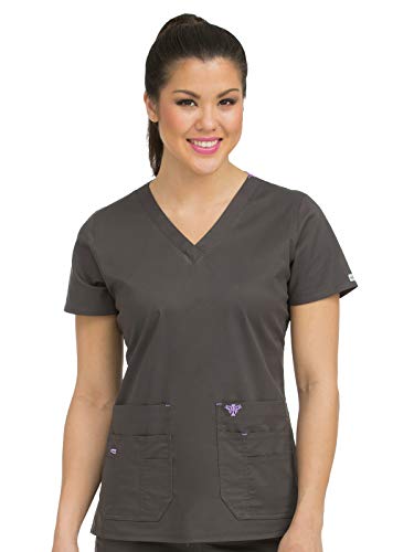 Med Couture Signature Women's V-Neck Knit Panel Top, Charcoal/Signature Purple, X-Small #TOP13