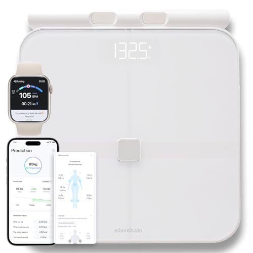 Top 10 Best Smart Bathroom Scales for Accurate Tracking 2 ExerScale AI Smart Scale with Body Weight Prediction, BMI, Body Fat, Muscle Mass, Workout, Food Tracking, Bluetooth Digital Scale with 8 Electrodes, High Accuracy Health Analyzer by EXERCHAIN - White