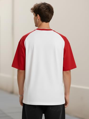 Image of LEOTUDE Men's Half Sleeve Cottonblend Printed Colourblocked Round Neck Drop Shoulder Oversized Tshirt for Man (Color Red)