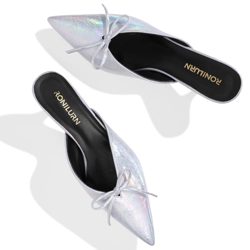 Image of Kitten Heels for Women Heeled Mules Stiletto Pumps Bow Closed Toe Pointed Toe Low Heel Slip on Fashion Metallic Backless Prom Party Dressy