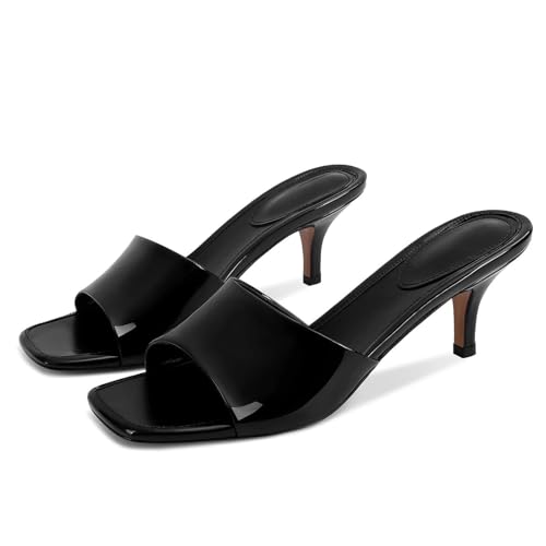 Image of Dsevht Black Kitten Heel Sandals Stiletto Low Heels Slip On Slides Mule Sandal Square Open Toe Dress Shoes for Women