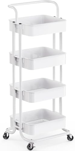 Image of Pipishell Metal 4 Tier Rolling Cart with Handle & 2 Lockable Wheels, White | Four Large 2" Wheels for Easier Movement, Sturdy Metal, Hold 22 lbs per Shelf, Ventilated Mesh Design, for Office and Kitchen