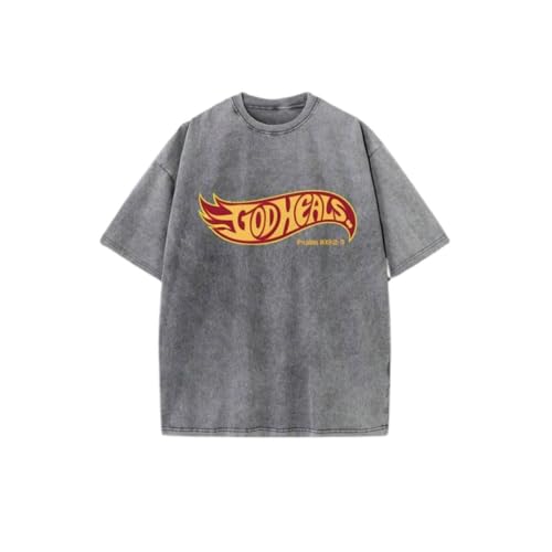 God Heals T Shirt Heavyweight Cotton Religious Graphic Tee Unisex Oversized Top for Church Worship Casual Daily Wear (Grey,Large)