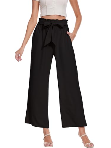 Beautiful Nomad Women's Wide Leg Lounge Pants High Waist Adjustable Knot Loose Casual Work Flowy Trousers with Pockets Black