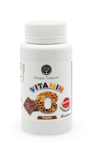 Vitamina C + propóleos, contra el cansancio y el dolor de garganta, apoya el sistema inmunológico, 60 pastillas masticables, vegano, sin aditivos innecesarios. HERBAL THERAPY