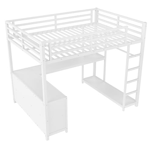 Image of Bellemave Full Size loft Bed with L Desk, Wardrobe, Metal Full Loft Bed Frame for Adults, Kids, Teens, White