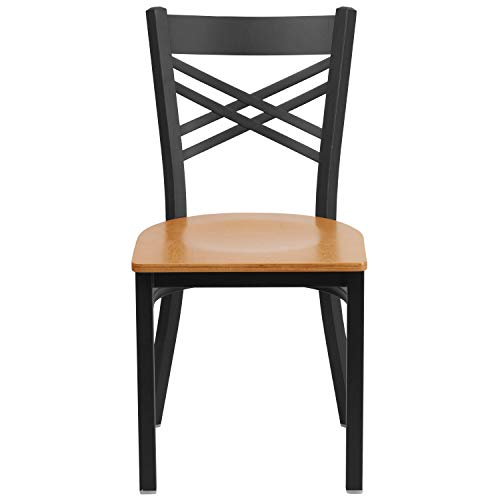 Image of Flash Furniture HERCULES Series Black ''X'' Back Metal Restaurant Chair - Natural Wood Seat