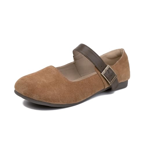 Women's Genuine Leather Mary Jane Flats Retro Fashion Adjustable Ankle Strap Round Wide Toe Comfor Slip On Orthotic Nurse Walking Shoes