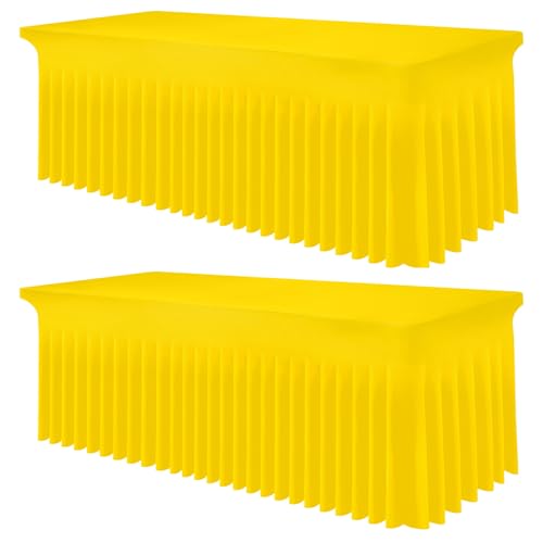 Image of Smiry 2 Pack Spandex Elastic Fitted Table Cloth Skirt for 8FT Table | Stretch Washable Table Cloth, Banquet Table Cover for Wedding, Party, Indoor & Trade Shows, (Yellow, 96Lx30Wx30H)