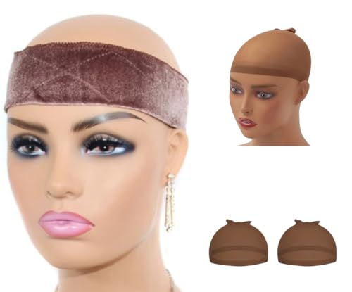 Mrs Gwen Hair & Accessories 3 PCS Set Velvet Non Slip Wig Security Band Adjustable with Velcro Band and 2 Wig Caps Bald Caps (Brown)