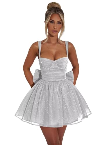 Sukleet Sparkly Tulle Homecoming Dresses for Teens 2025 Bow Back Short Prom Dress Cocktail Party Gown