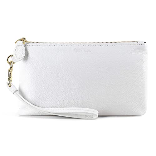 Befen White Leather Clutch Bags for Women Small Ladies Wristlet Cell Phone Purse Wallet with Detachable Wrist Strap & Zip Closure for Evening Holiday Fit Phone 11 or Less 6.5 Inch