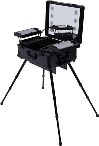 Maletín de maquillaje con ruedas, maletín de maquillaje, con espejo, mesa de tocador, estantería profesional, Negro , Maletín de cosméticos