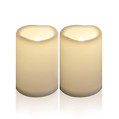 Image of CANDLE CHOICE Waterproof Outdoor Battery Operated Flameless Candles with Timer Large Plastic Resin Bright Flickering Electric LED Pillars Lantern Garden Wedding Christmas Decorations 4 inch(D)x6 inch(H) 2 PCS