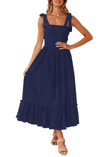 ZESICA Women's 2025 Summer Boho Spaghetti Strap Square Neck Solid Color Ruffle A Line Beach Long Maxi Dress,Navy,Small