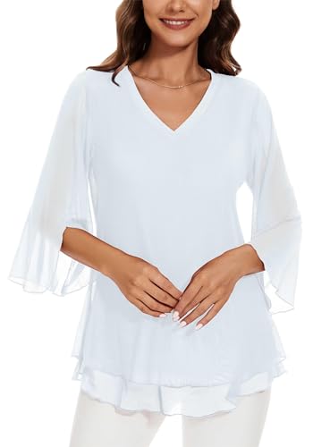 Actcat Damen Mesh Bluse 3/4 Arm Blumen Tunika Shirt Elegant Doppellagig V-Ausschnitt berteile Mesh Locker Longshirt Hochzeit Pullover Damen Bluse Damen elegant Slim Bright sexy Oberteil Damen