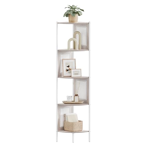VASAGLE 5-Tier Corner Shelf Stand, Boho Corner Bookshelf with Polyrattan Sides, Plant Stand for Living Room Bedroom Study Kitchen, Oatmeal Beige ULLS5