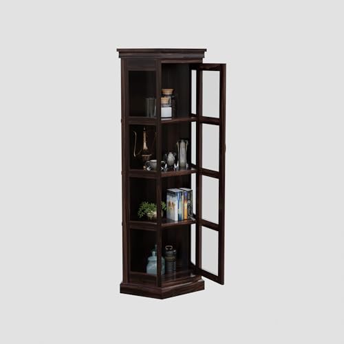 Image of Krishna Wood Decor Solid Sheesham Wood Corner Cabinet with Four Shelves | Tall Display Unit Storage with Acrylic Glass Door for Living Room & Office | Wooden Bookcase /Corner Showcase | Walnut Finish