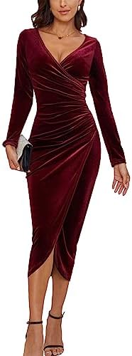 CYiNu Women's V Neck Wrap Velvet Long Sleeve Elegant Bodycon Ruch...