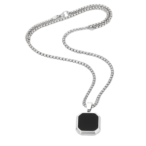 Image of Men's Stainless Steel Pendant Chain | Anti-Tarnish Silver Geometric Pendant Chain with Black Enamel Locket | Premium Stylish Neck Chain for Boys & Men | Durable Daily Wear Jewellery Gift for brother, Boyfriend and Husband