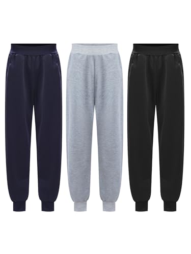 Oyolan Enfant Garçon Lot de 3 Pantalon Survêtement Jogging de Sport Basket-ball Fitness Gym Noir, gris et bleu marine 7-8 ans
