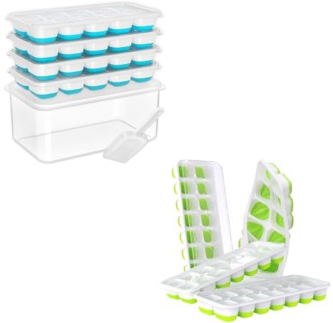 Image of DOQAUS Ice Cube Tray with Lid and Bin, 8 Pack Silicone Plastic Ice Cube Trays for Freezer with Ice Box