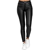  semen Pantalon en Similicuir pour Femme à Taille Élastique Pantalon Slim Confortable Boutonné avec Poches (44, Noir)