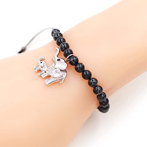 Image of Matte Agate Black Onyx /Turquoise Beads Bracelet, Good Luck Mom and Baby Elephant Bracelet, To My Mom Bracelet Gifts for Mothers Day from Daughter