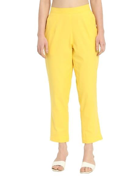 Image of Women's Solid Straight Fit 100% Cotton Trousers | High Waist, Side Pockets, Ankle Length Pants for Office, Casual