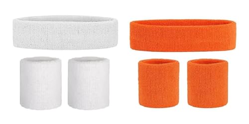 Care N Touch Men,Women Cotton Sports wear Wrist Band & Head Band Color WHITE + ORANGE (SET of 6)