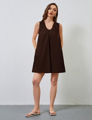 Image of OLAPTA Women Summer Sleeveless Babydoll Mini Tank Dresses Loose Fit Scoop Neck Ruched Short Dress with Pockets Party Clubwear