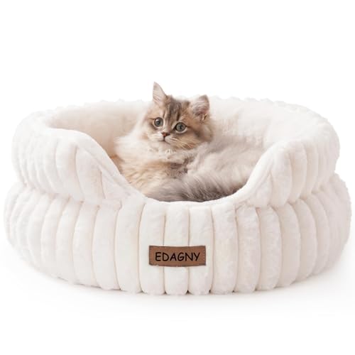 EDAGNY Elegantes Camas para Gatos Camas Perros   Redonda Suave Cama para Perros Pequeños y Medianos Perro, Lavable Calmante Cama para Mascotas (Crema, Pequeño)