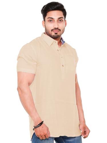 Image of Mens Cotton Linen Half Sleeve Plus Size Short Kurta