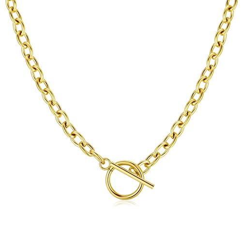 Cadena de acero quirúrgico bañada en plata/oro de eslabón grueso con un aro y una barrita decorativa para mujer, niña. Ideal para regalo del día de la madre, cumpleaños, aniversario. Joyería mujeres