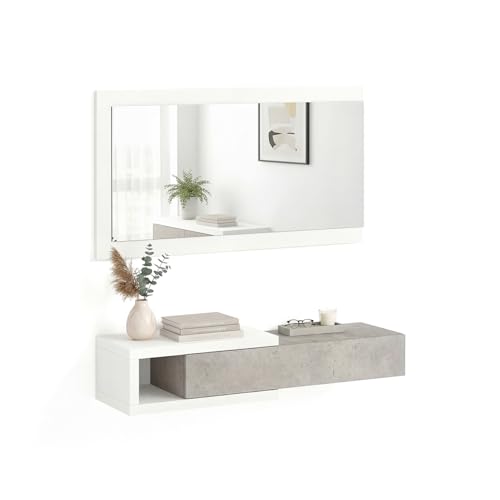 duehome | Recibidor con Cajón y Espejo, Mueble de Entrada, Modelo Derek, Acabado en Blanco Artik y Gris Cemento, Medidas: 95 cm (Ancho) x 19 cm (Alto) x 26 cm (Fondo)