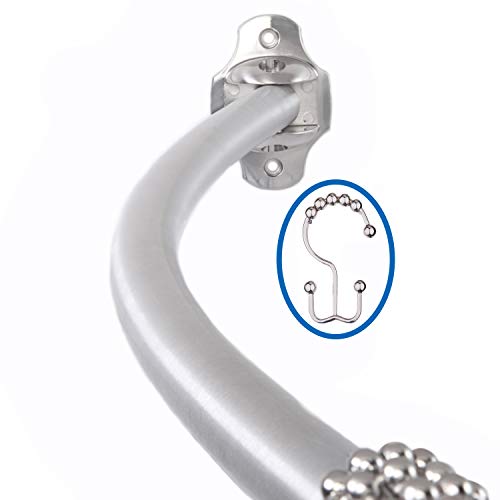 TENOVEL 2-Piece Bathroom Shower Sets: Stainless Steel 50â€-72â€ Adjustable Curved Shower Rod, Double Glide Shower Curtain Hooks/Rings-Brushed Nickel