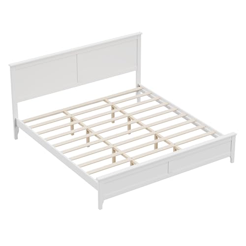 Image of Harper & Bright Designs Modern Farmhouse Platform King Bed Frame, Solid Wood Platform Bed Frame with Headboard, Sturdy Wooden Foundation with Wood Slats for Living Room, Rustic Pine - White