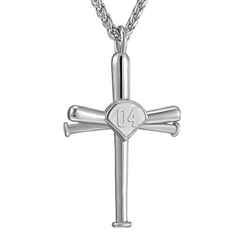 Baseball Cross Necklace for Men,Sport Baseball Pendant Necklace Inspiration Baseball Jersey Number Charms Stainless Steel Necklace(Silver,04)