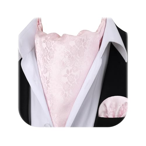 Image of HISDERN Ascot Ties for Men Paisley Floral Ascot and Pocket Square Set Classic Self Tie Mens Cravat Handkerchief for Wedding