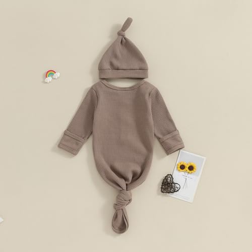 KMBANGI Newborn Baby Boys Girls Knotted Gown Hat Set Long Sleeve Button Infant Sleeper Baby Sleep Gown with Mittens3