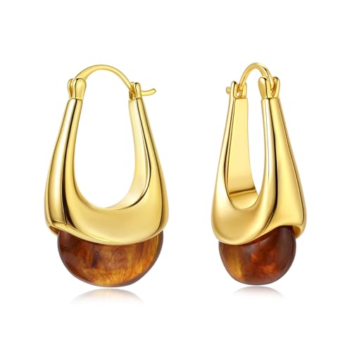 Vintage Gold Hoops Earrings for Women,Brown White Blue Pink Chunky