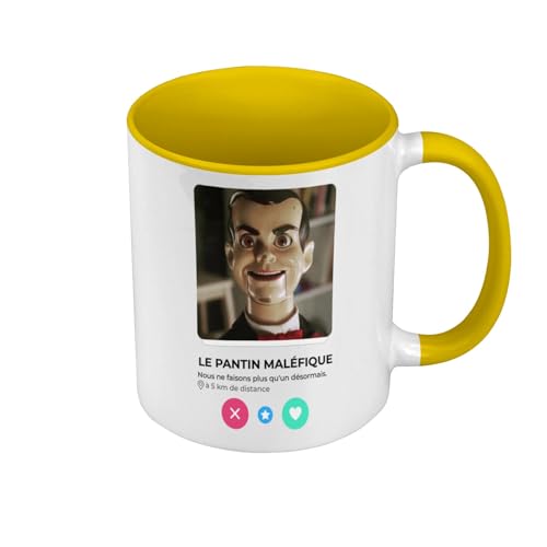 Tazza di colore di qualità premium gialla – Le Pantin Malefique Horror Libro Rete sociale Incontro Amore – Tazza con manico e interno colorato