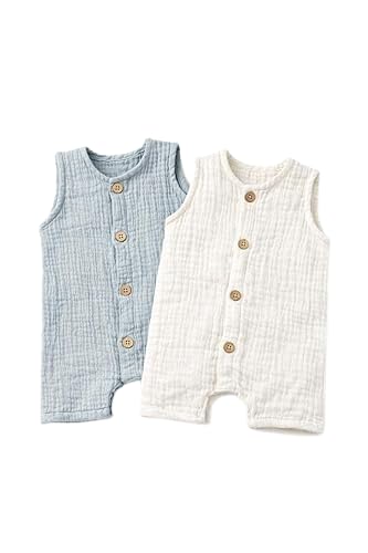 Image of La Vie BabyCare Organic Crinkle Muslin Rompers for Babies |Soft, Lightweight Infant Bodysuits, Gentle on Sensitive Skin, Summer Wear, Multicolor Stylish Baby Outfit, Pack of 2 (3-6 Months)
