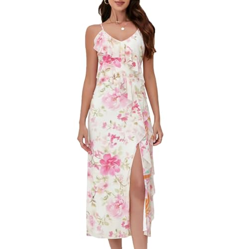 Image of Women's Spaghetti Strap Ruffle Side Split Long Dress Bodycon Beach Maxi Dresses