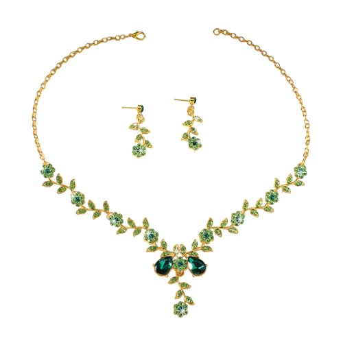 XFSRG 2 Piezas Joyas de Mujer Conjunto Collar y Pendientes Bisuteria Accesorios de Moda Joyeria Elegante Collar Colgante Pendientes Largos para Boda Fiesta Diario(Verde)