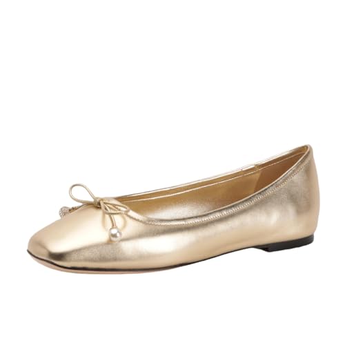 XOBZJH Women's Bow Ballet Flat Shoes Metallic-Leather Dressy Shoes Square Toe Slip On Ballerina Walking Flats Shoes for Woman Comfort Soft2